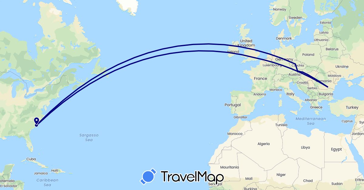 TravelMap itinerary: driving in Austria, Czech Republic, United Kingdom, Hungary, Netherlands, Romania, Slovakia, United States (Europe, North America)